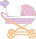 Baby pink stroller, vector drawing of a vehicle for a child, illustration of a stroller with flowers, green leaves, baby toy, stro